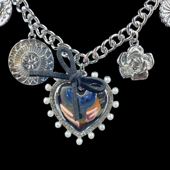 Silver Tone Charm Necklace Heart Cross Bow Rose Coquette Gothic Y2K NWT 20" - Picture 2 of 9